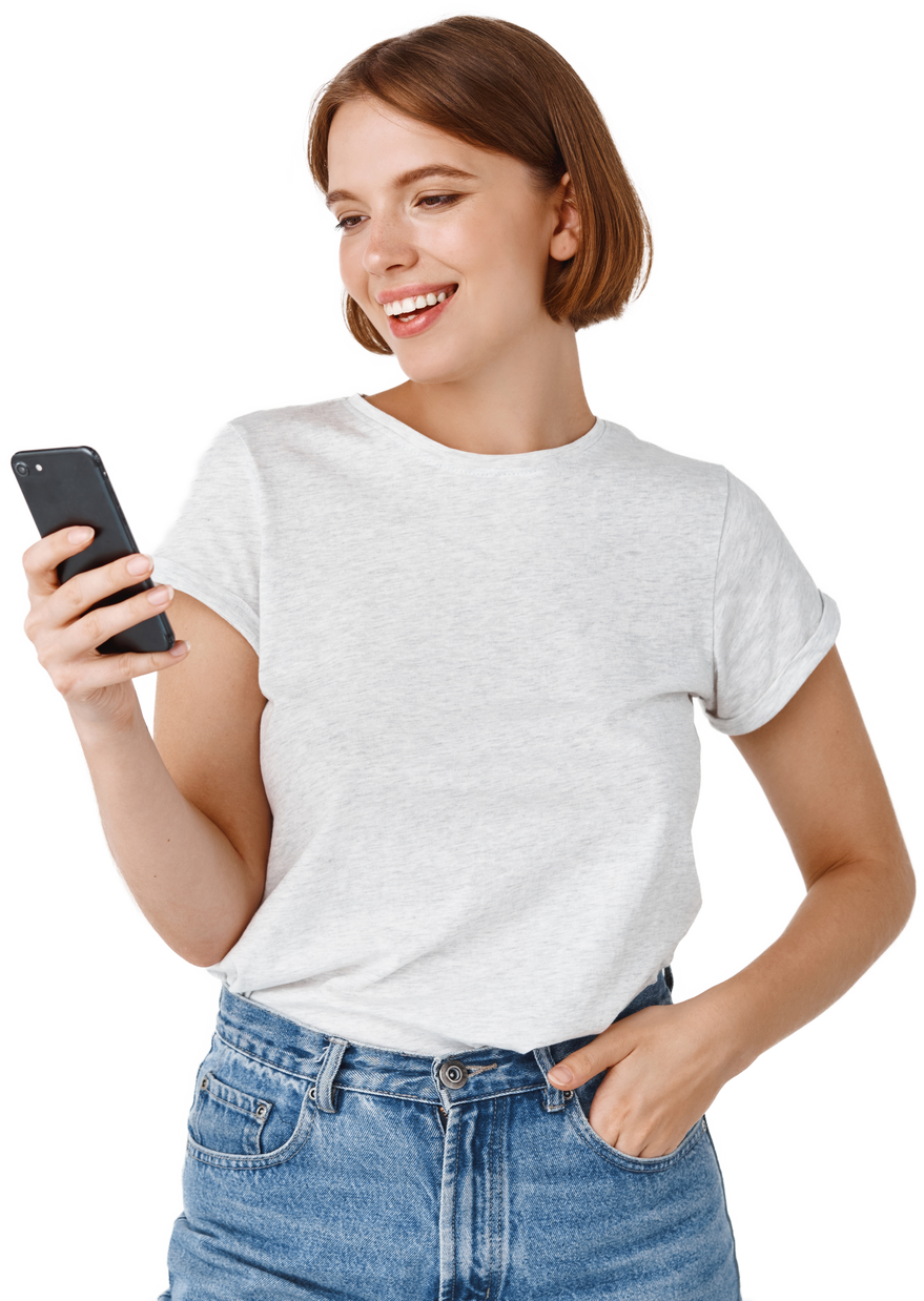 cutout of young natural woman looking at smartphone screen